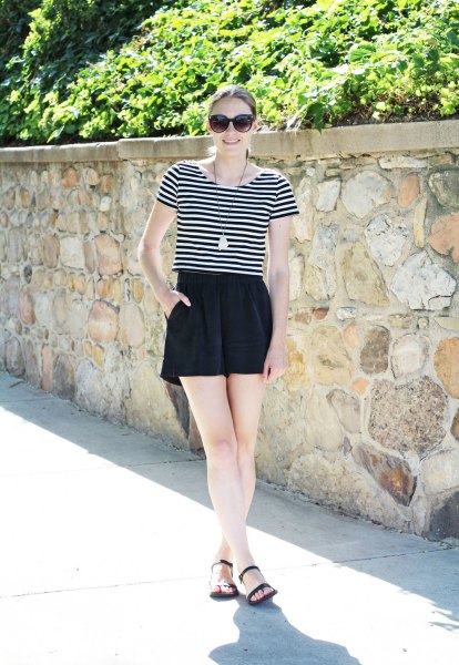black and white striped tee with high waisted silk shorts