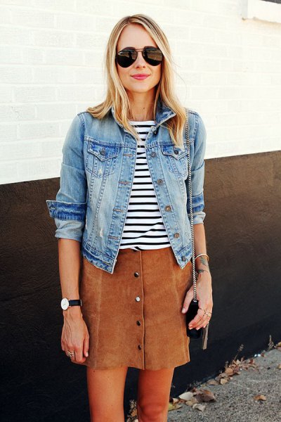 black and white striped tee and denim jacket