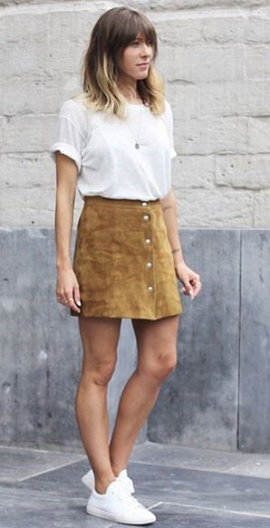 white t-shirt with camel front mini skirt