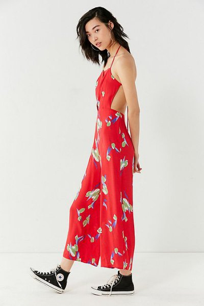 red backless floral maxi dress with high conversation