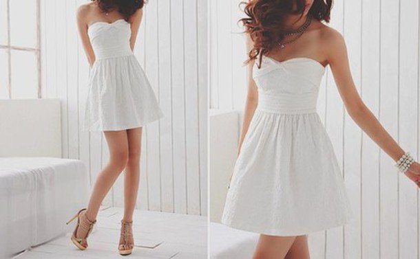 white strapless sweetheart neckline fit and flare mini dress