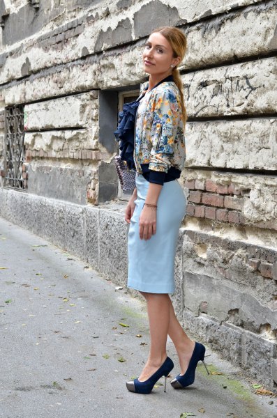 floral jacket with sky blue pencil skirt and black heels