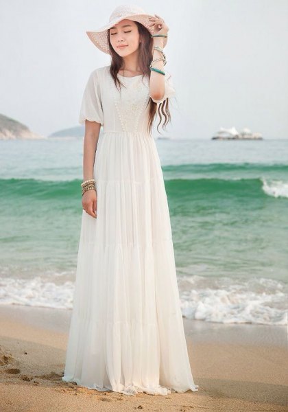 white floopy hat with long chiffon summer dress