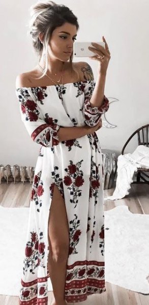 white from the shoulder floral printed high split long dress
