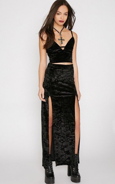black camisole with maxi dress with double slit