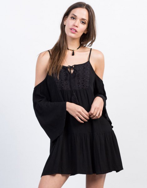black cold shoulder tunic dress with choker