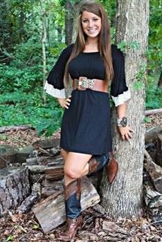 black tunic dress with brown wide leather belt