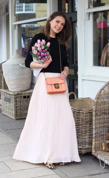 white maxi skirt with black sweater with crew neck