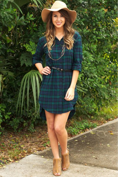 navy blue and green checkered belt tunic with straw floppy hat