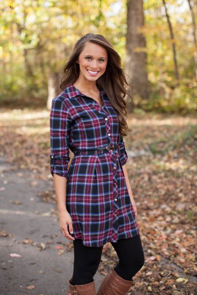 navy checkered shirt dress with black leggings and leather shoes