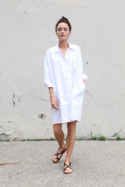 white long sleeve shirt dress with black sandals