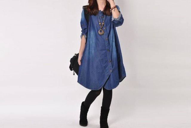 denim knee-length tunic with leggings and boho necklace