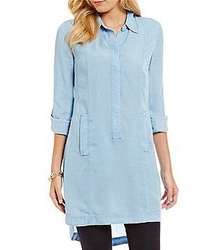 light blue button up tunic with black leggings