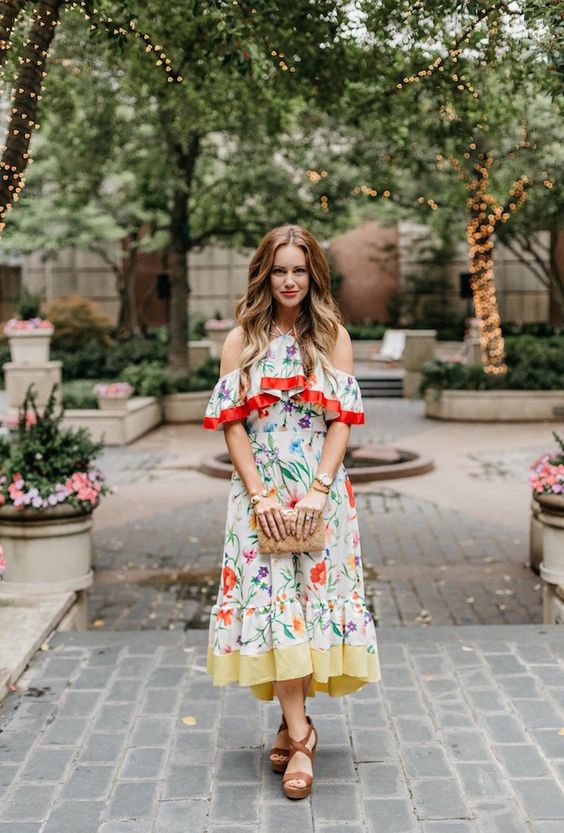 floral cold shoulder dress red yellow
