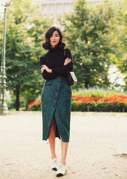 black turtleneck knitted sweater with gray tweed tulip skirt