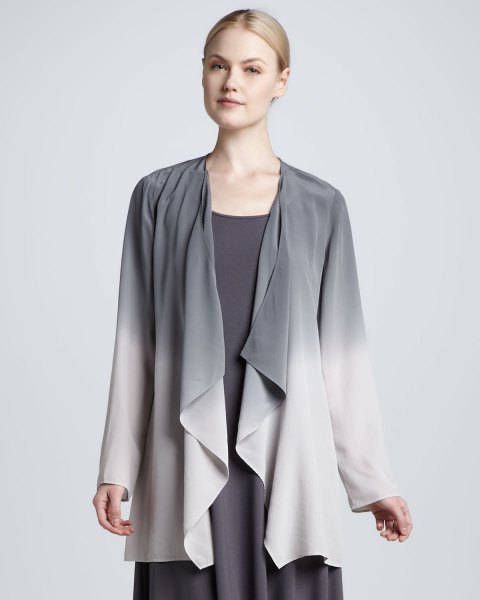 gray and white draped silk jacket with shift dress