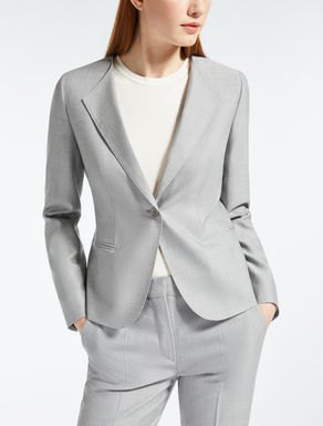 gray silk suit with white cotton long t-shirt