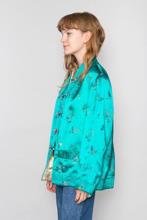 teal silk printed chinese style jacket with jeans