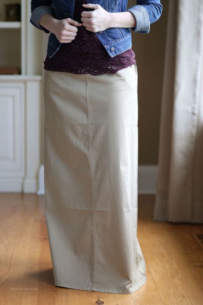 ivory khaki long skirt with denim jacket