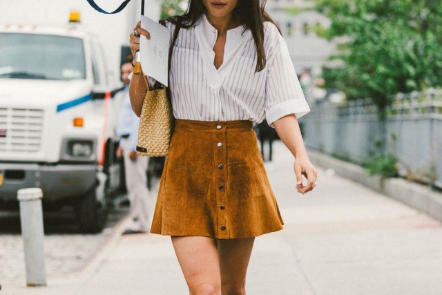 white and gray vertical striped shirt with green suede button down miniskater skirt