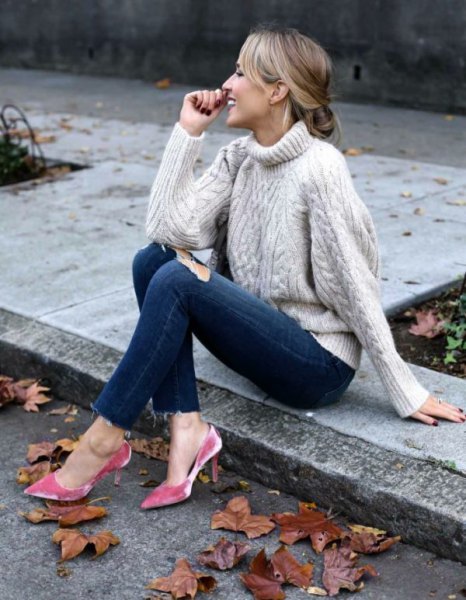 white turtleneck cable knit sweater with silver velvet heels