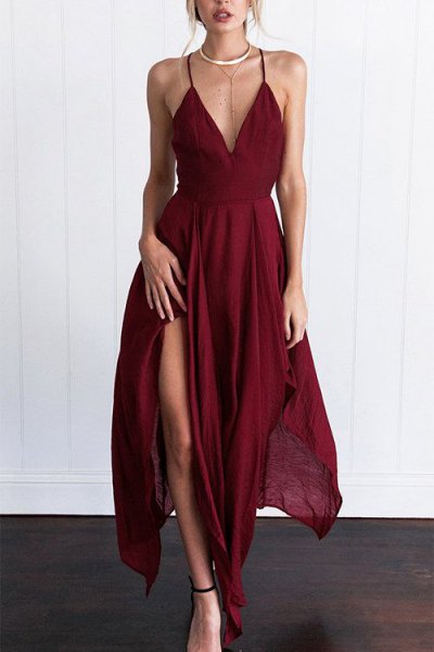 burgundy spaghetti strap high split maxi blown dress