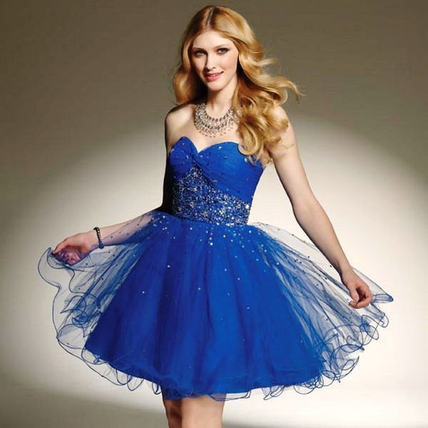royal blue sweetheart neckline mini tulle dress with silver sequin details