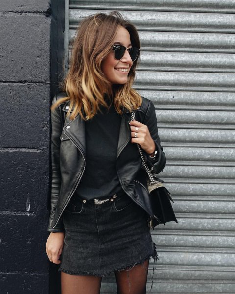 black denim skirt with sweater and leather moto jacket