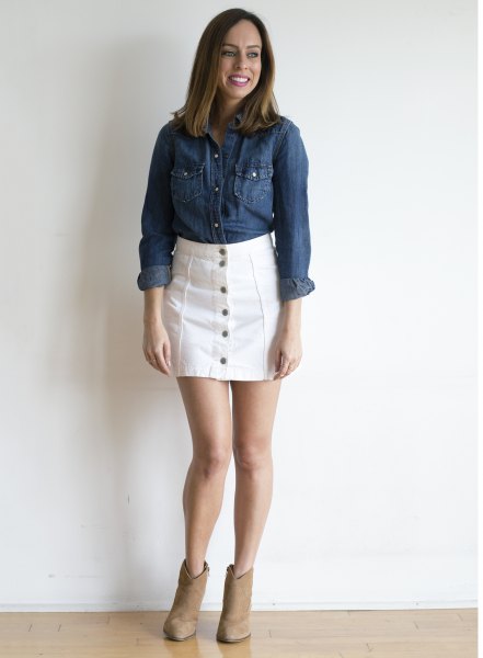 blue chambray shirt with the white dress on the denim button