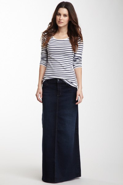black and white striped tee and dark blue denim maxi skirt