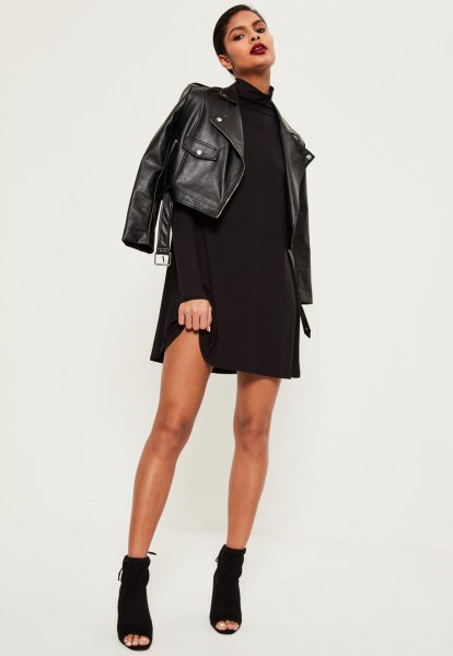 black leather jacket with mock neck swing dress