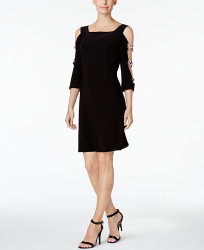 black cold shoulder mini dress with open toe heels