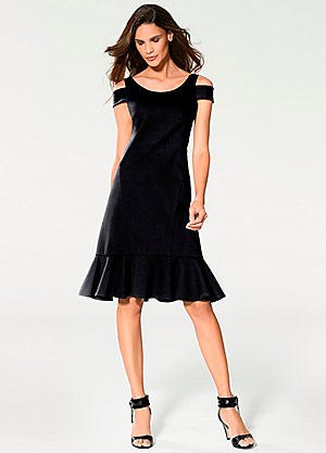 black fishtail midi dress with open toe heels