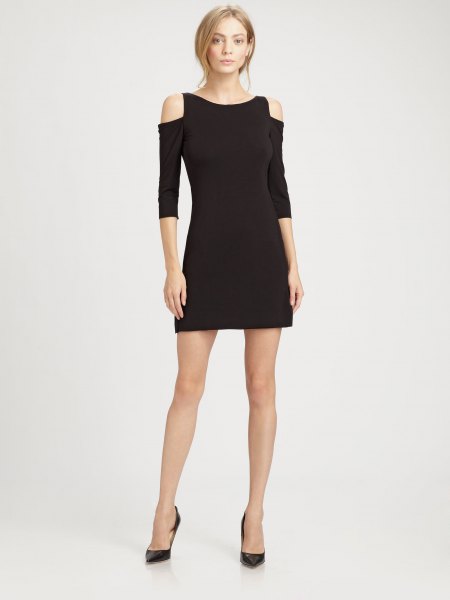 three-quarter sleeve black cold shoulder mini dress with heels