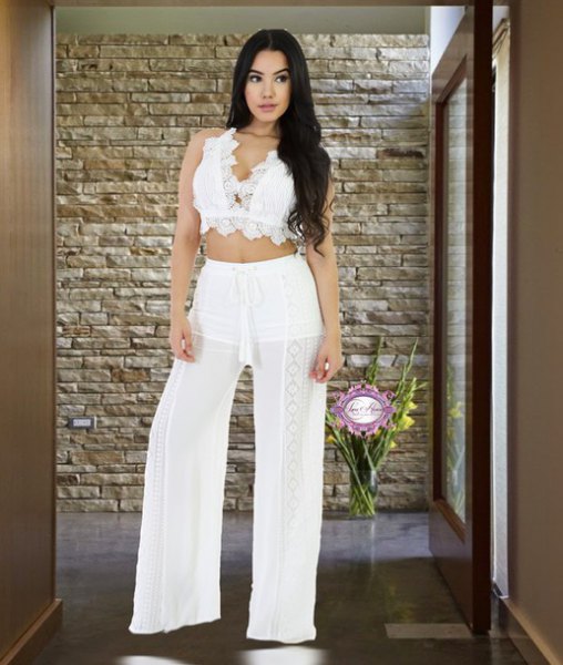 lace bralette with white, half wide leg-lined trousers