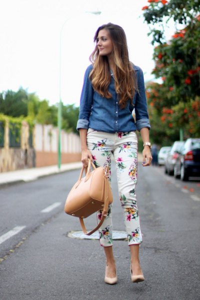 chambray shirt with white floral pants