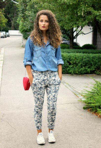 chambray button up shirt with white floral pants