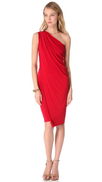 red sheather one shoulder knee length dress