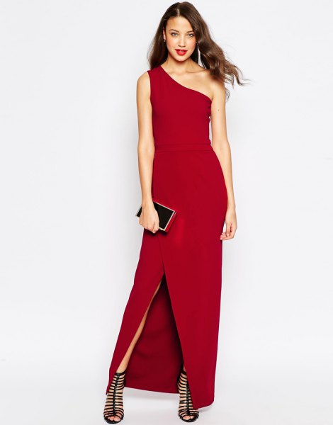 red maxi-wrap dress with black banded heeled sandals