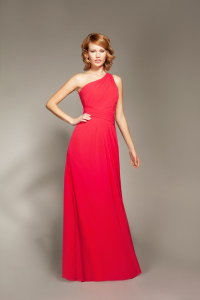 red one shoulder flared maxi dress