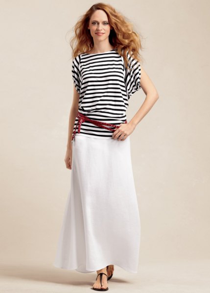 black and white striped tee and maxi skirt with white linen
