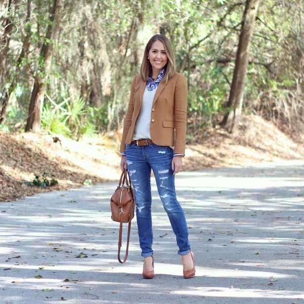 camel blazer with blue striped shirt and white sweater
