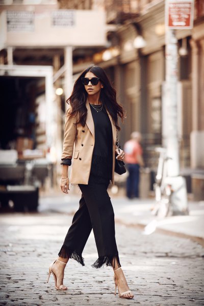 camel blazer with all black outfit