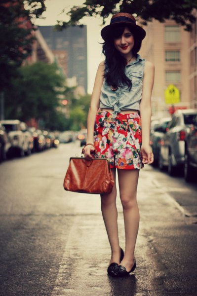 red floral shorts with chambray knotted sleeveless shirt