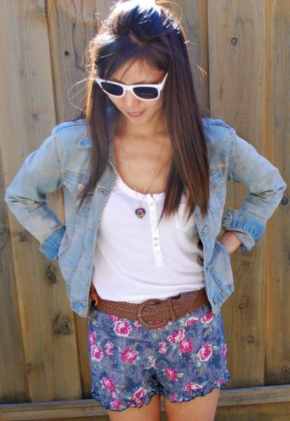 denim jacket with white top blue chiffon floral shorts