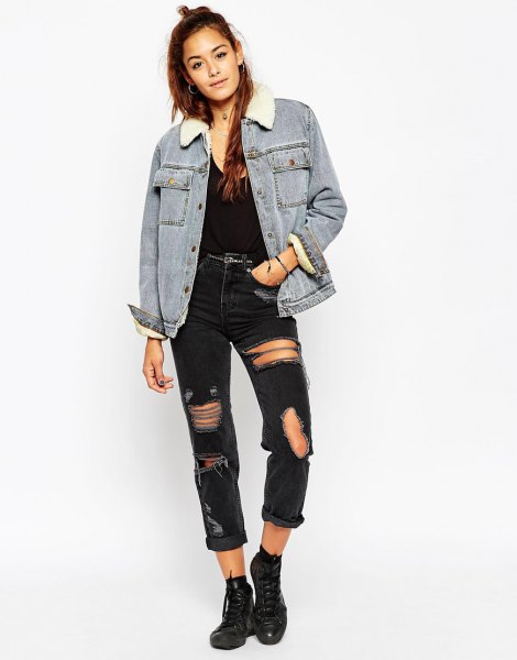 denim sherpa lined jacket with black ripped jeans