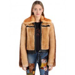 brown shearling jacket with embroidered blue jeans