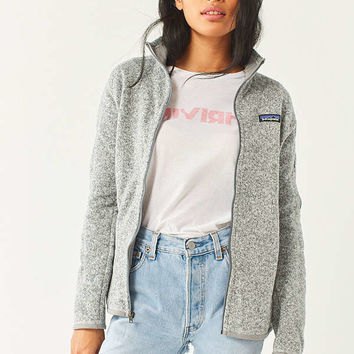 gray fleece sweater jacket with white tee and mom jeans