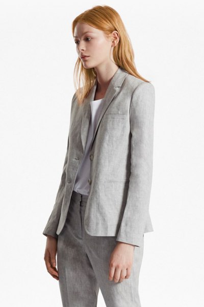 gray linen suit with white top