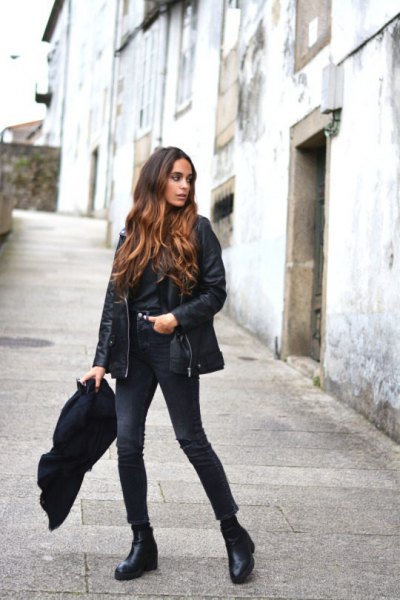 black leather skirt with button up shirt and slim jeans